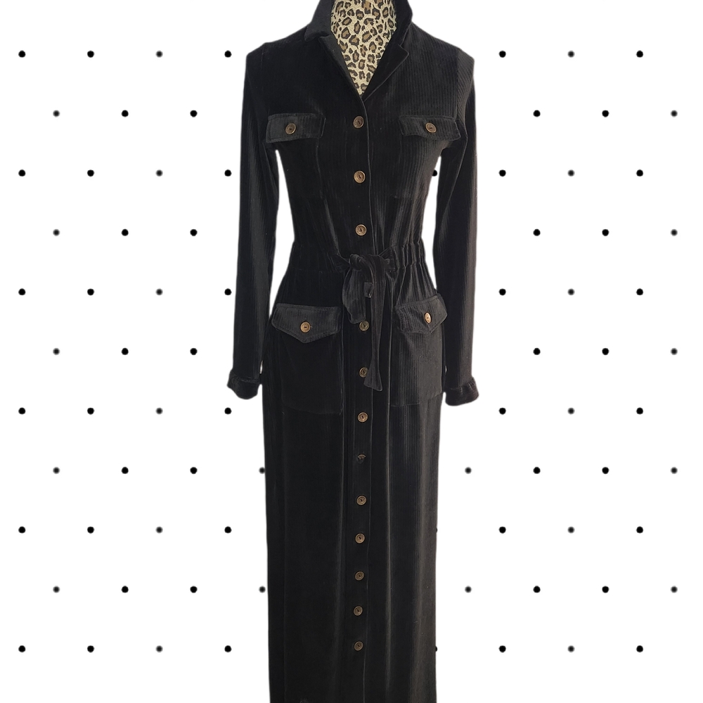 Vintage Filiz Moda Black Corduroy Long Sleeve Button up Dress (38)